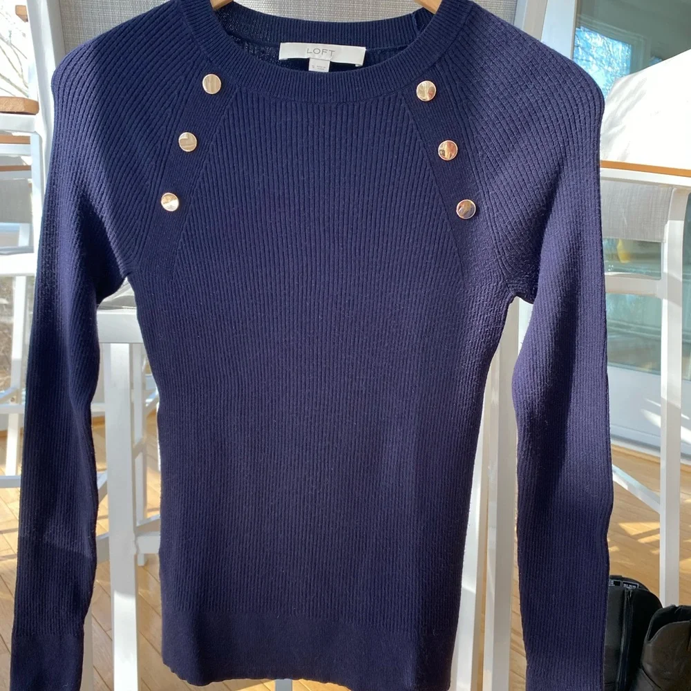 LOFT knit fitted ribbed sweater with gold button accents - Picture 2 of 5
